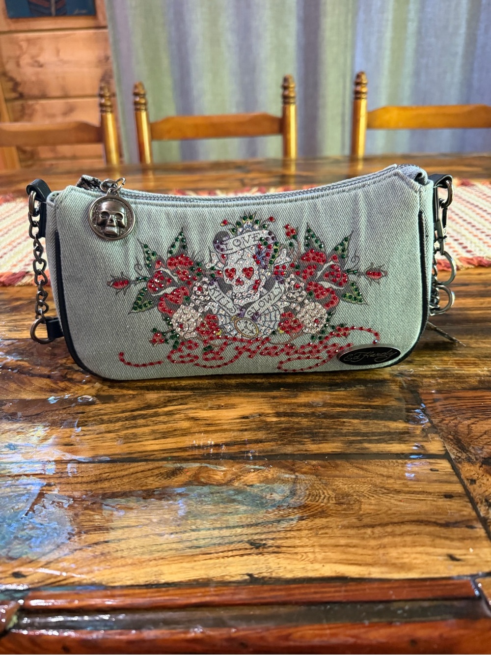 Ed Hardy Shoulder Bag denim with Red & Green rhinestones